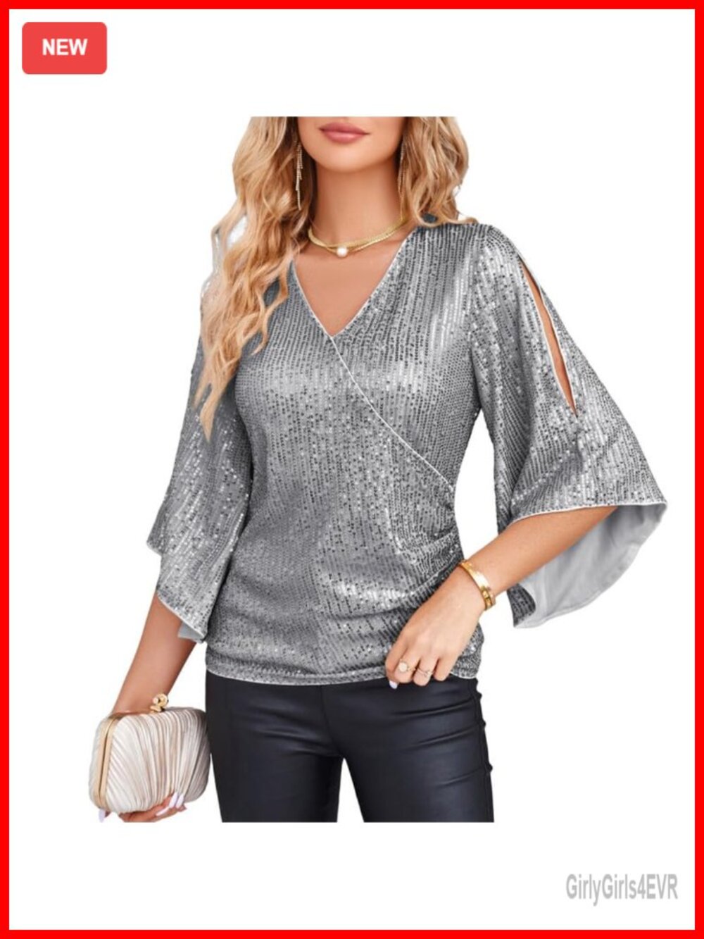 Sequin V-Neck Bell Sleeve Party Blouse Slim Fit